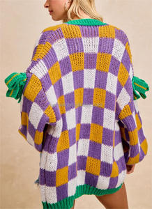 Femmes décontracté Mardi Gras damier nœud décor ouvert Cardigan pull hiver saison avant Logo goutte épaule coupe ample - Product Image 4