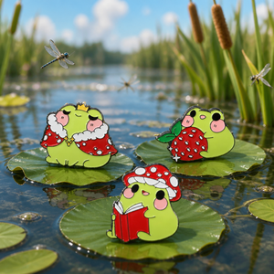 Broches en émail dur mignonnes et kawaii : grenouille, couronne royale, fraise, champignon, lecture – Cadeau idéal pour les amateurs de grenouilles - Product Image 2