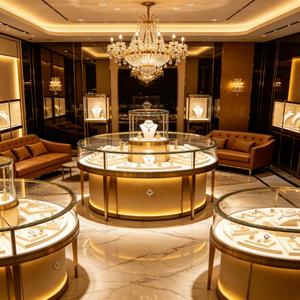 Vitrine de présentation de bijoux de luxe GZowin, ronde, dorée, haut de gamme, avec éclairage LED, dessus en verre, écologique, durable, pour usage en musée ou en magasin. - Product Image 4