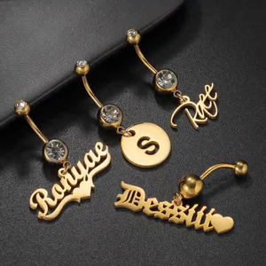 Dropshipping perhiasan tindik badan cincin kancing perut pribadi kuku baja tahan karat nama kustom dengan tindik pusar - Product Image 1