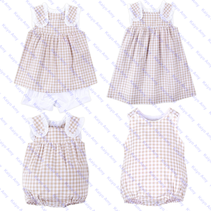 Abbigliamento estivo senza maniche per bambine Set 2025 cachi a quadretti sorella abbinata pantaloncini <span class=keywords><strong>2</strong></span> pezzi completo pizzo - Product Image 6