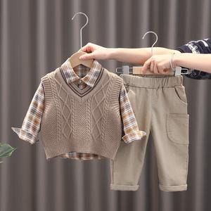 Children's Casual Solid Pattern Three-Piece Set Knitted Sweater <strong>Vest</strong> Plaid Shirt <strong>Long</strong>-<strong>Sleeved</strong> <strong>Vest</strong> Boys Boys Three Piece Suit - Product Image 2