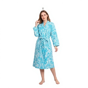 Robe kimono d'été pour femmes, fabriquée à la main en Inde, en coton 100% avec un motif floral, séchage rapide, respirante, col en V, ceinture - Product Image 1