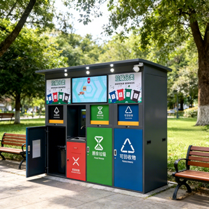 Poubelle intelligente en métal pour tri des déchets avec porte à capteur et compactage hydraulique pour parcs et rues publiques - Product Image 1