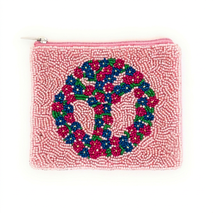 Monedero de mano con cuentas y signo de la paz floral, color rosa, estilo retro bohemio, mini cartera con cremallera, accesorio de boutique al por mayor para festivales - Product Image 1