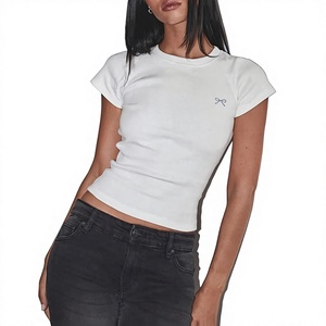 Camiseta Corta Blanca para Mujer, Cuello Redondo, Manga Corta, Corte Ajustado, Lazo Bordado, Color Sólido, Informal, Primavera Verano, Jersey - Product Image 1