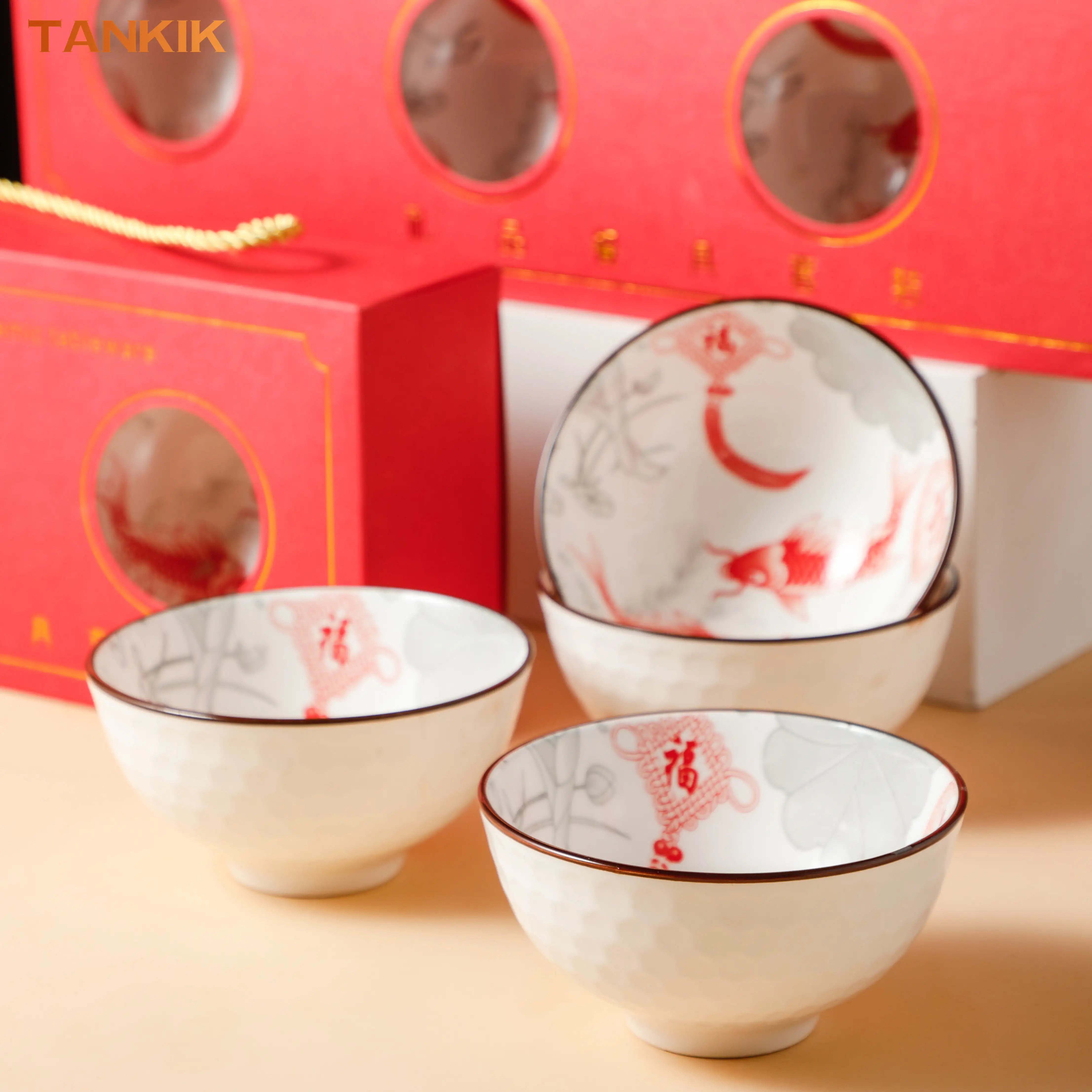 Elegant Gift Birthday Cute Panda Lucky Fish Chinese Colorful Bowl Plate Bowl Dish Set Gift Ceramic Dinnerware Bowl Set