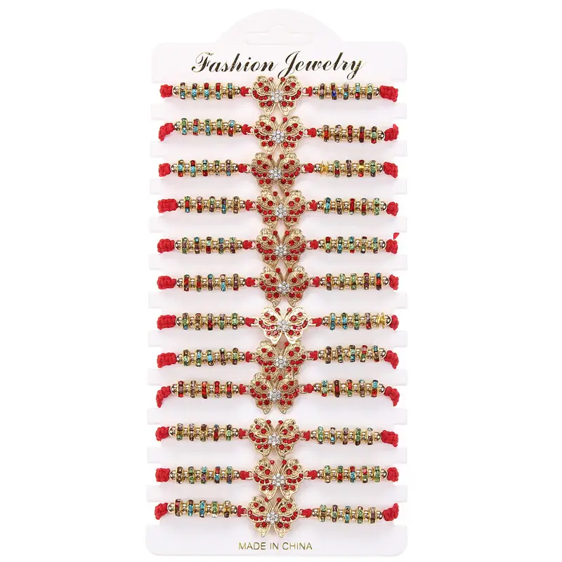 Fashion Red diamond butterfly Colored diamond Beads Bracelet Red Handmade Braided Adjustable Bracelet