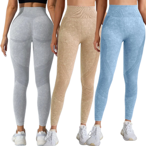 Leggings de yoga taille haute sans couture, effet froncé aux fesses, contrôle du ventre, pour femme, en Spandex/Nylon, couleur unie, respirant, séchage rapide, longueur mollet - Product Image 1
