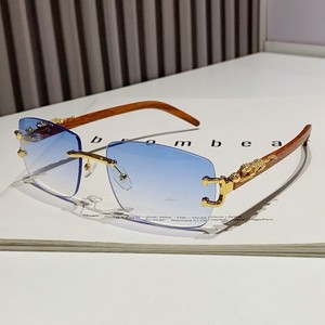 <b>Retro</b> Rimless Rectangle <b>Sunglasses</b> UV400 Wood Frame Unisex Sun Protection Adult - Product Image 2
