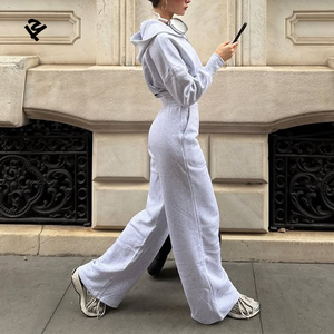 Completo da donna 2 pezzi: <span class=keywords><strong>Felpa</strong></span> con cappuccio corta con zip e pantaloni a vita alta a gamba larga, tuta casual streetwear <span class=keywords><strong>grigia</strong></span>, set loungewear - Product Image 1