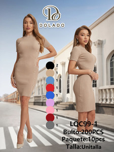 Abito Aderente in Maglia LQC99-1, Manica Corta, Collo Alto, Dettaglio Bottoni, Sopra il Ginocchio, Vestibilità Aderente, Casual, per Uso Quotidiano, Tinta Unita, per Tutte le Stagioni - Product Image 3