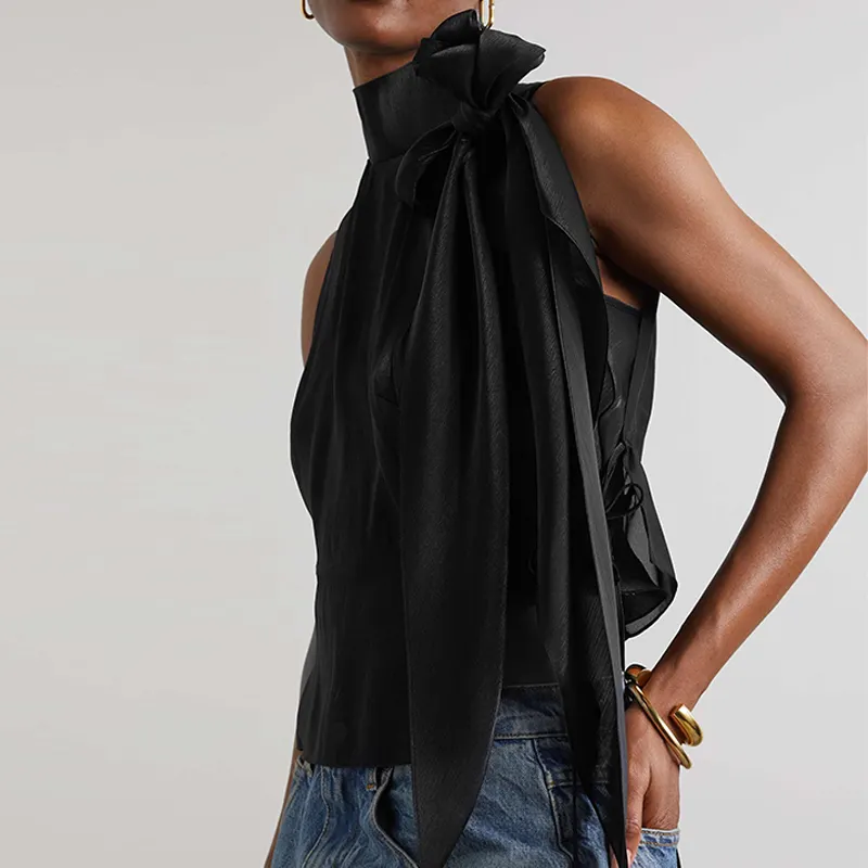 New Arrival Summer Custom Bow Sleeveless Elegant Stand Black Satin Shirts women Silk Blouses High Quality Ladies Casual Tops