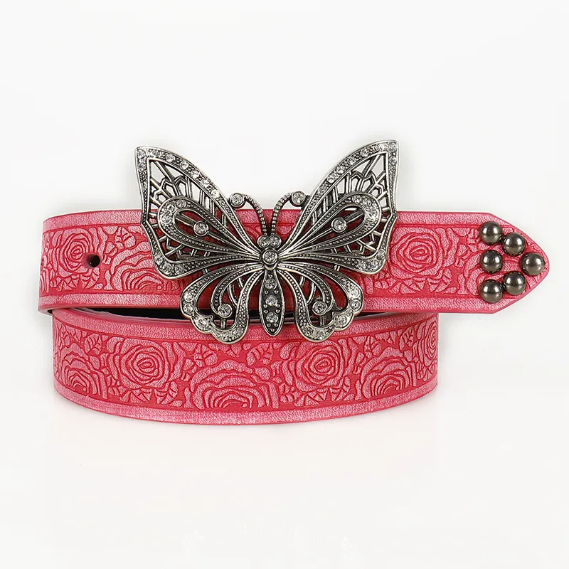 REWIN Ceintures de taille habillées en cuir PU gravées western vintage Ceinture à boucle papillon ajustable en diamant rose pour fille