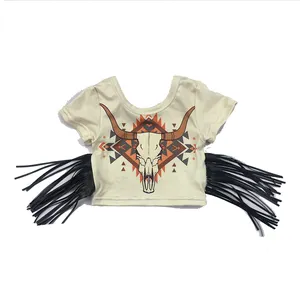 QL2021 Bán Buôn Kid Girls Boutique Đầu Bò In Ấn Ngắn Tay Áo Fringe Áo Sơ Mi Toddler Quần Áo Cotton T-Shirt Cô Gái Fringe Top