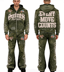 Custom Heavyweight Oversized Acid Wash Screen Printing Sleeve Embroidery Rhinestone Distressed Sweatpants and Hoodie Set - Product Image 1