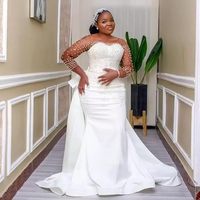 Robes de mariée sirène de luxe en perles grande taille avec traîne détachable, appliques en dentelle, manches longues, personnalisables