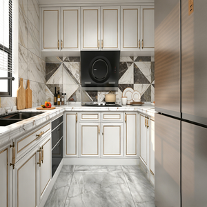 Meubles de cuisine contemporains gris clair sans poignées avec portes vitrées, <span class=keywords><strong>four</strong></span> encastré et aménagement ouvert pour la salle à manger - Product Image 2