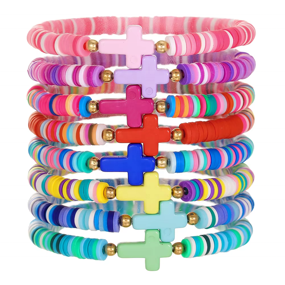 Yongxu Braccialetto In Argilla Polimerica Color Macaron Con Cuore E Croce - Regalo Donna