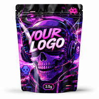 Sachet Mylar personnalisé 3,5g Za Pack avec logo personnalisé, pochette brillante à fermeture éclair, motif crâne néon, sac d'emballage pour gamer et dessin animé