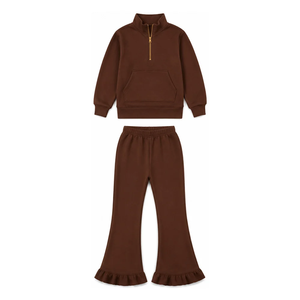 Conjunto de 2 piezas informal para niñas: Sudadera con cremallera de manga larga de color liso y pantalones acampanados - Product Image 2