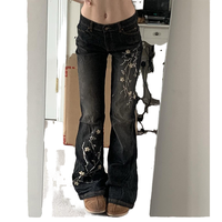 Pantalon droit vintage pour femme, broderie de fleurs, lavage à l'eau, jean skinny