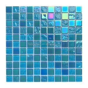 Customized Sky Blue Green Crystal Swimming Pool Mosaic Tile Iridescent Rainbow Color Wall Decorative Glass Mosaic Tile