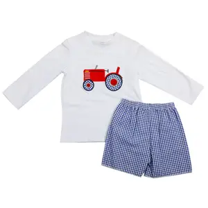 MOQ BAJO Tractor personalizado Apliques Camisa sin mangas Pantalones cortos de seda de leche Ropa de niños al por mayor para niños pequeños