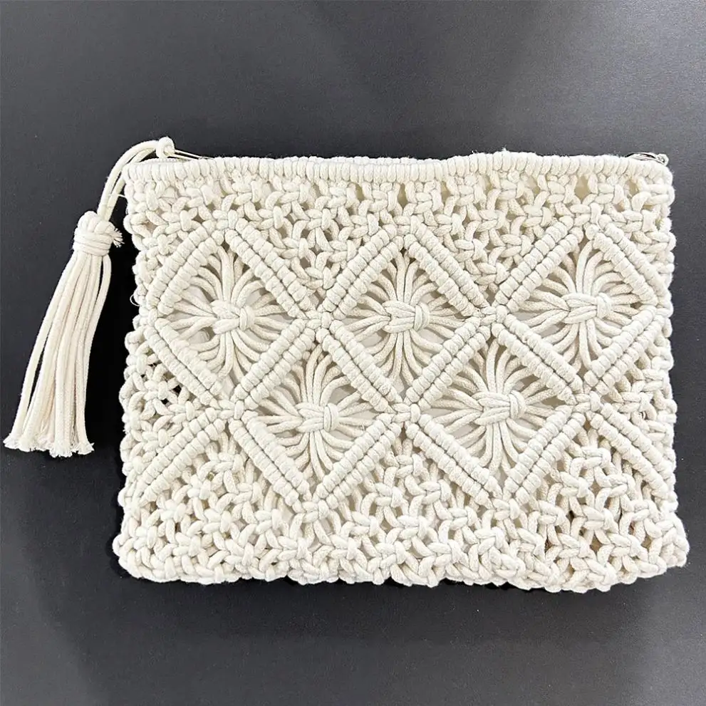 Bolsa de praia vintage macrame bolsa de mão estilo feminino 25x20 cm algodão tecido artesanal borla causal sacos de mão em crochê