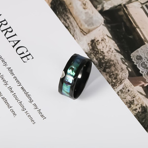 Men's Titanium Steel Ring Black Plated <b>Abalone</b> <b>Shell</b> Inlay Wedding Band SA1217 - Product Image 1