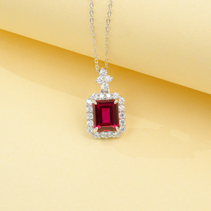 Vintage <b>Emerald</b> Cut Ruby Halo <b>Pendant</b>, Sterling Silver Lab Created Ruby Necklace for Women - Product Image 3