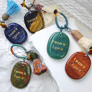 Porte-clés en pierre de palmier en agate naturelle avec citation <span class=keywords><strong>positive</strong></span> gravée, breloque de sac à pompon, pendentif de voiture pour la pleine conscience, cadeaux spirituels - Product Image 2