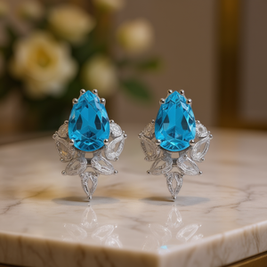 Orecchini a perno E1538 con cristalli blu, design floreale in argento 925, montatura a griffe, gioielli classici da donna per feste - Product Image 2