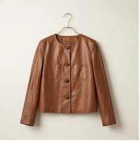 Veste en cuir d'agneau marron caramel pour femme, col rond, boutons en corne noire naturelle, coupe courte, style vintage, décontractée, pour le quotidien