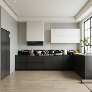 Cuisine Moderne MALIO |   Meubles <span class=keywords><strong>de</strong></span> cuisine noir mat |   Marbre Nero Marquina |   Capot Arqué |   Appareils électroménagers <span class=keywords><strong>SMEG</strong></span> |   Conception 3D Gratuite - Product Image 6