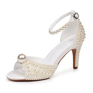 8cm Boca de pescado Tacón alto fino Imitación Perla Satén Hebilla Sandalias Boda Zapatos de novia - Product Image 2