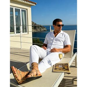 Ensemble 2 pièces décontracté pour homme FOXA – Chemise boutonnée à manches courtes et pantalon ample texturé rayé – Tenue de sport et de marche - Product Image 3