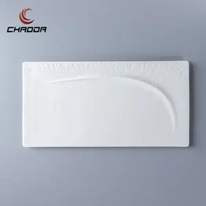 Vente en gros d'assiettes rectangulaires en céramique pour restaurants Assiette en porcelaine blanche avec impression au tampon Assiette à sushi en relief