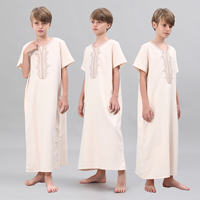 Thobe brodé pour garçons musulmans, manches courtes, Jubba pour enfants, robe islamique arabe beige, Dishdasha, vêtements pour Ramadan et l'Aïd