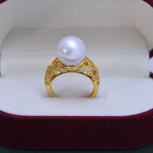 Bague en argent S925 pour femme, perle d'eau douce, 11-12 mm, ronde, blanche, forte brillance, perle délicate, ouverture réglable, design creux - Product Image 2