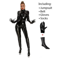 Combinaison moulante noire brillante en PU et latex pour femme, sexy, avec fermeture éclair à l'entrejambe, style catsuit, en similicuir, tenue de club, combinaison en PVC et latex