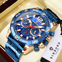 Montre multifonctionnelle Binbond 9798 pour homme, en acier inoxydable bleu foncé, à quartz, étanche, style professionnel, vente en gros, plus abordable