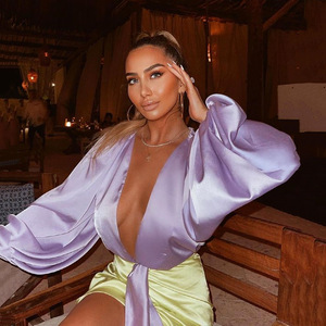 Ensemble deux pièces pour femme, combinaison en satin à col en V profond, jupe moulante taille haute, style décontracté pour soirée, orange, rouge, violet - Product Image 1