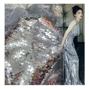 hot sale cut one shoulder design shiny reversible mermaid silver sequin fabric 5 yard for wedding party