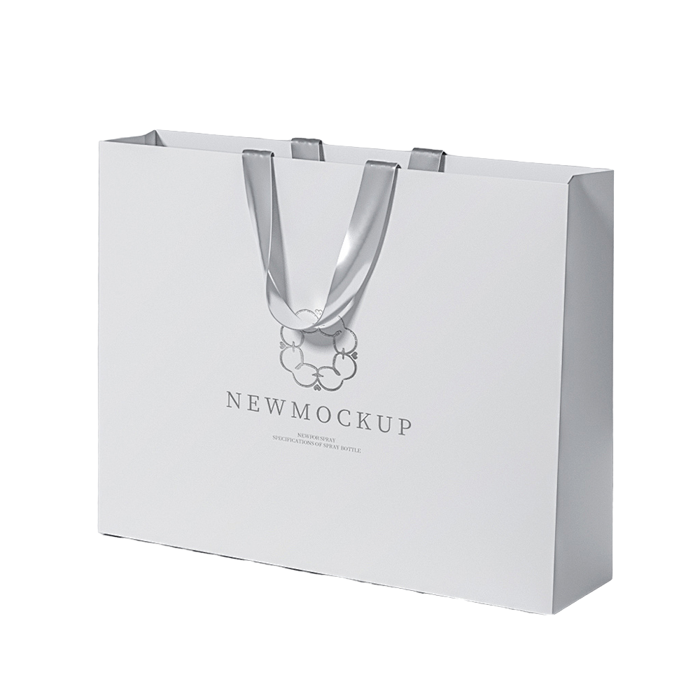 Customizable Silver Foil Logo Matte White Paper Shopping Bags with Satin Ribbon Handles for Clothing and Gift Packaging