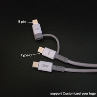 Pengiriman cepat beberapa perangkat pengisian daya kuat nilon kepangan 8 Pin USB Tipe C 2 in 1 kabel