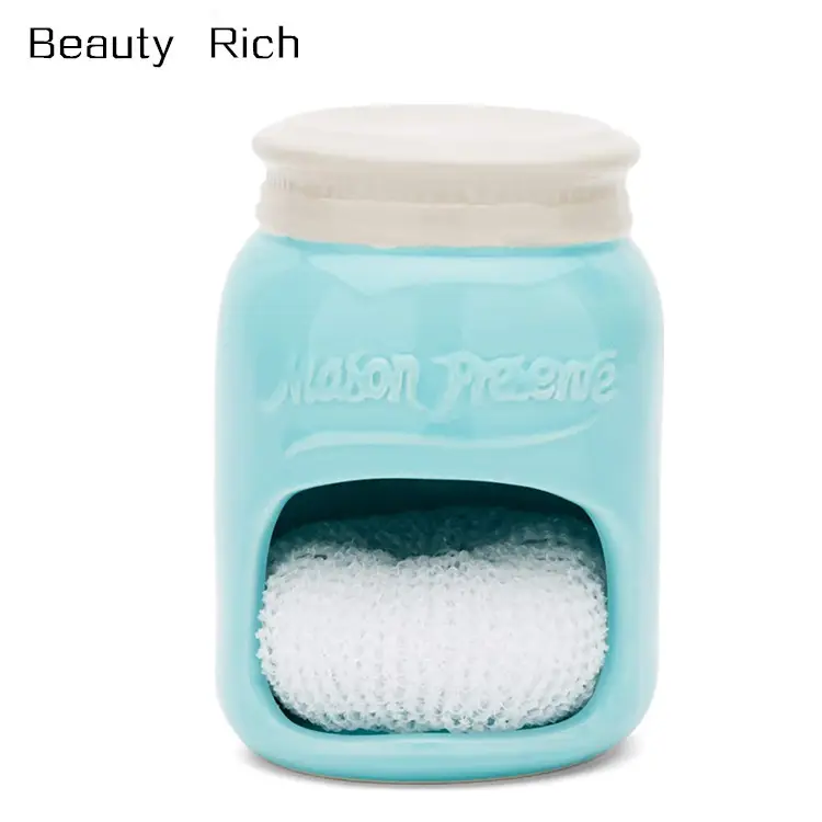 Ceramic Canister Set Ceramic Mason Jar Holder with Sponge, 3.5 x 3.5 x 5 inches, Blue