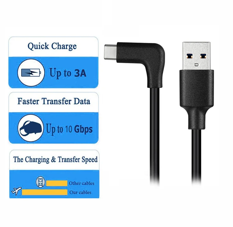90 Degree USB3.1 Gen2 10Gbps USB-C Fast Charging Data Cable For SAMSUNG S20 Plus XIAOMI LG Oculus Quest 2/ 1 Link VR Type-C Line