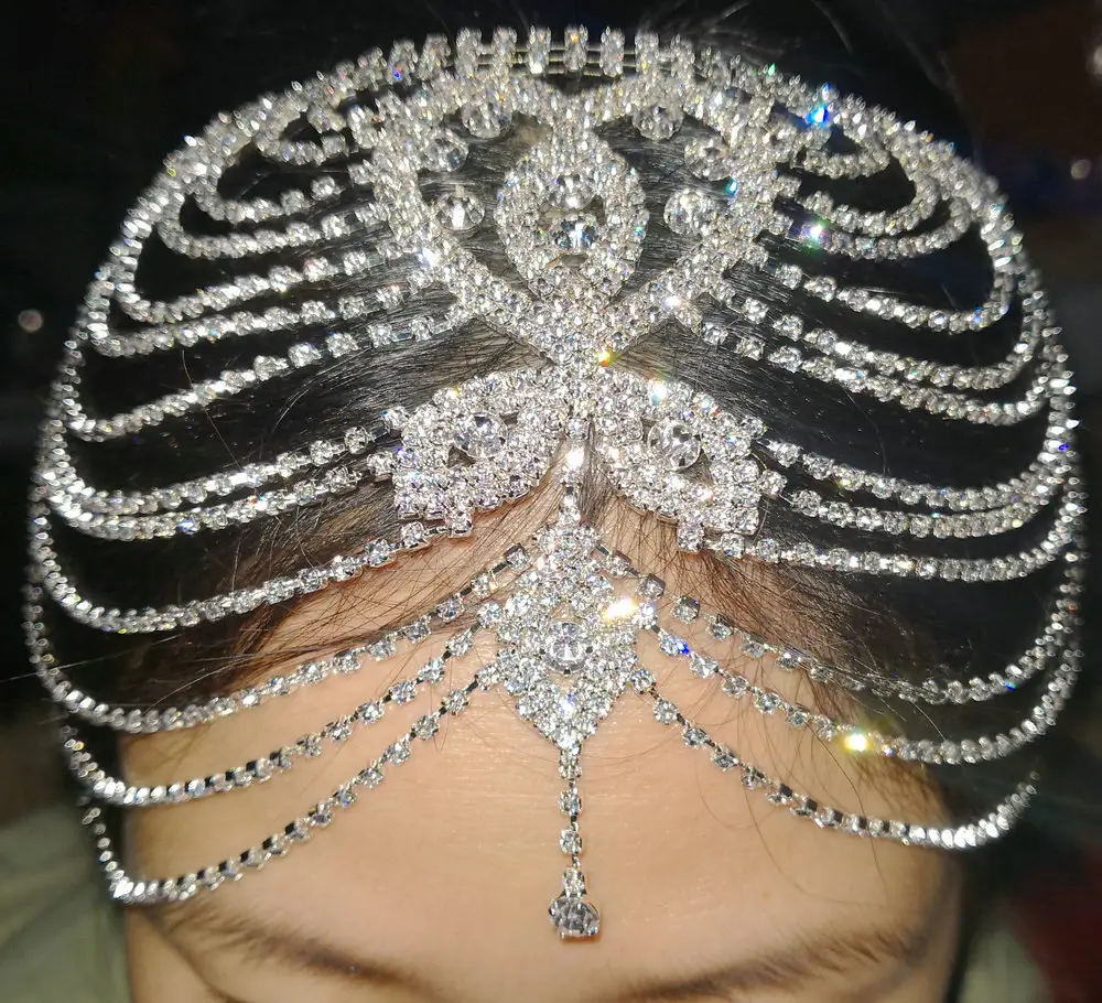 Bridal Diamond Hair Chain Accessories Multi-layer Rhinestone Forehead Tear Drop Chain Heart Crystal Head Chain Headwear Jewelry