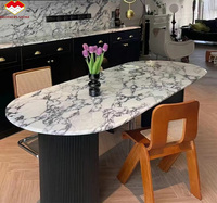 Meubles en pierre naturelle personnalisés de luxe modernes, table à manger ronde en marbre Calacatta Viola de haute qualité avec base cannelée
